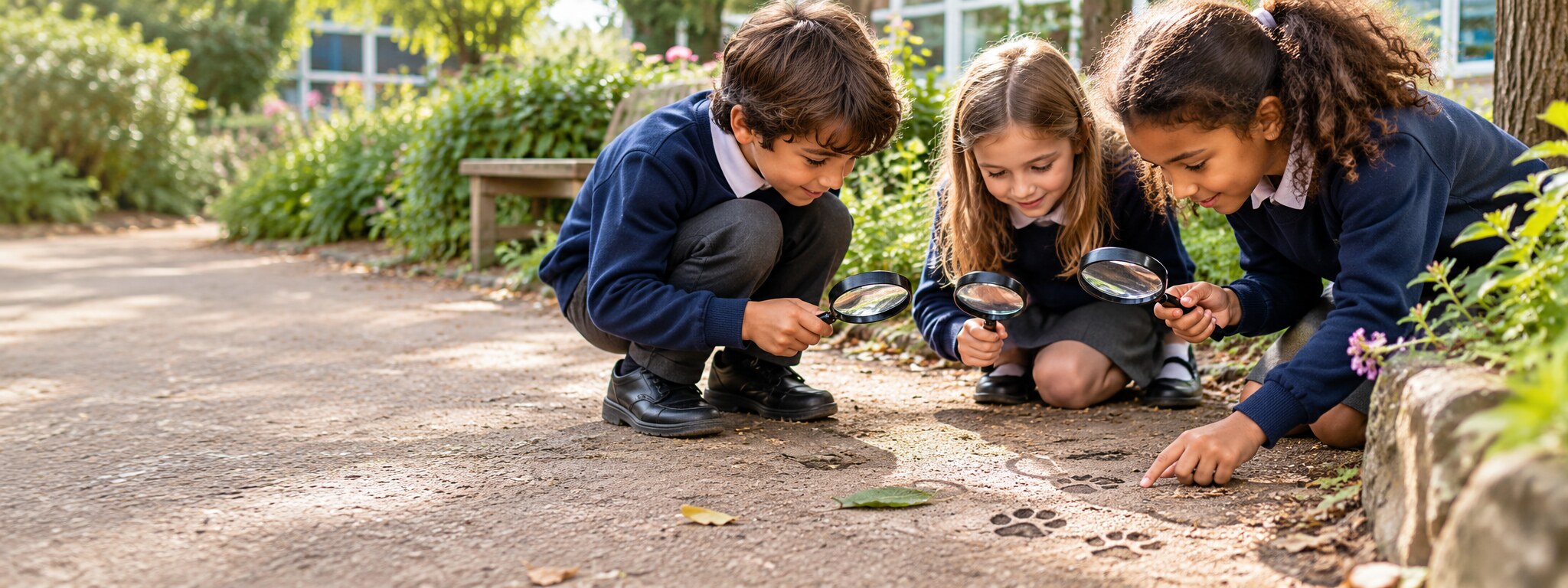 Schoolchildren using magnifying glasses to inspect cat paw prints for clues